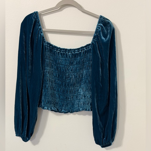 Anthropologie Blue Puff Sleeved Velvet Long Sleeve Blouse size Medium - Picture 4 of 10